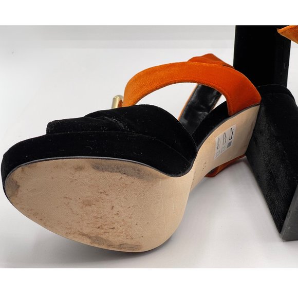 ALBERTO ZAGO VELVET 2-TONE PLATFORM SANDALS, CHUNKY HEELS, BLACK & ORANGE, SZ 39 - Picture 7 of 9